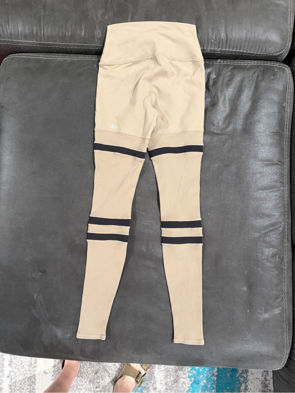 ALO Yoga Beige Ribbed High-Waist Leggings with Black Stripe Detail